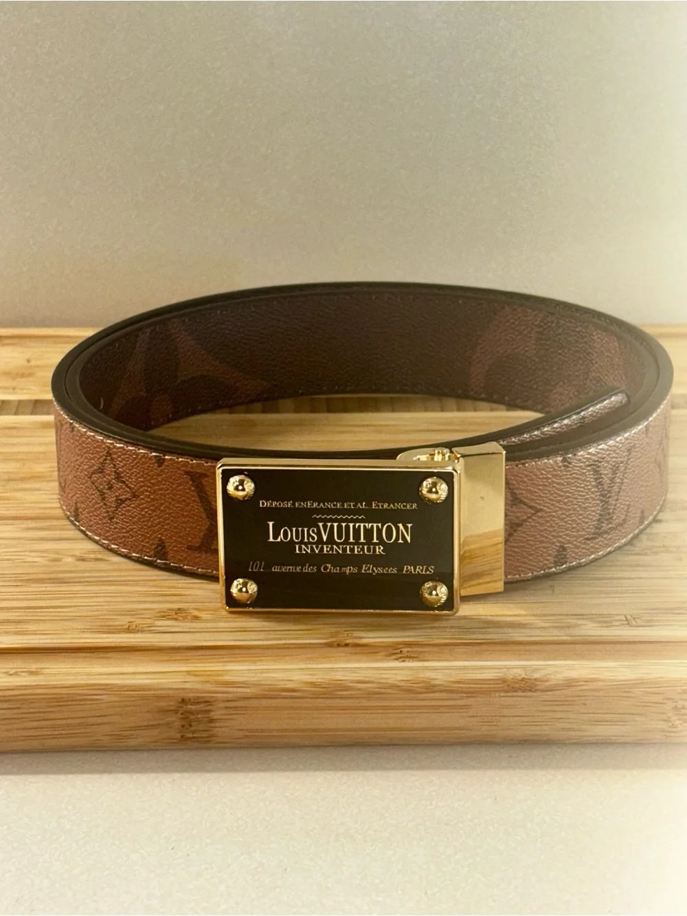 Brand New !!  Black & Brown Monogram Men’s Belt with Gold Plaque